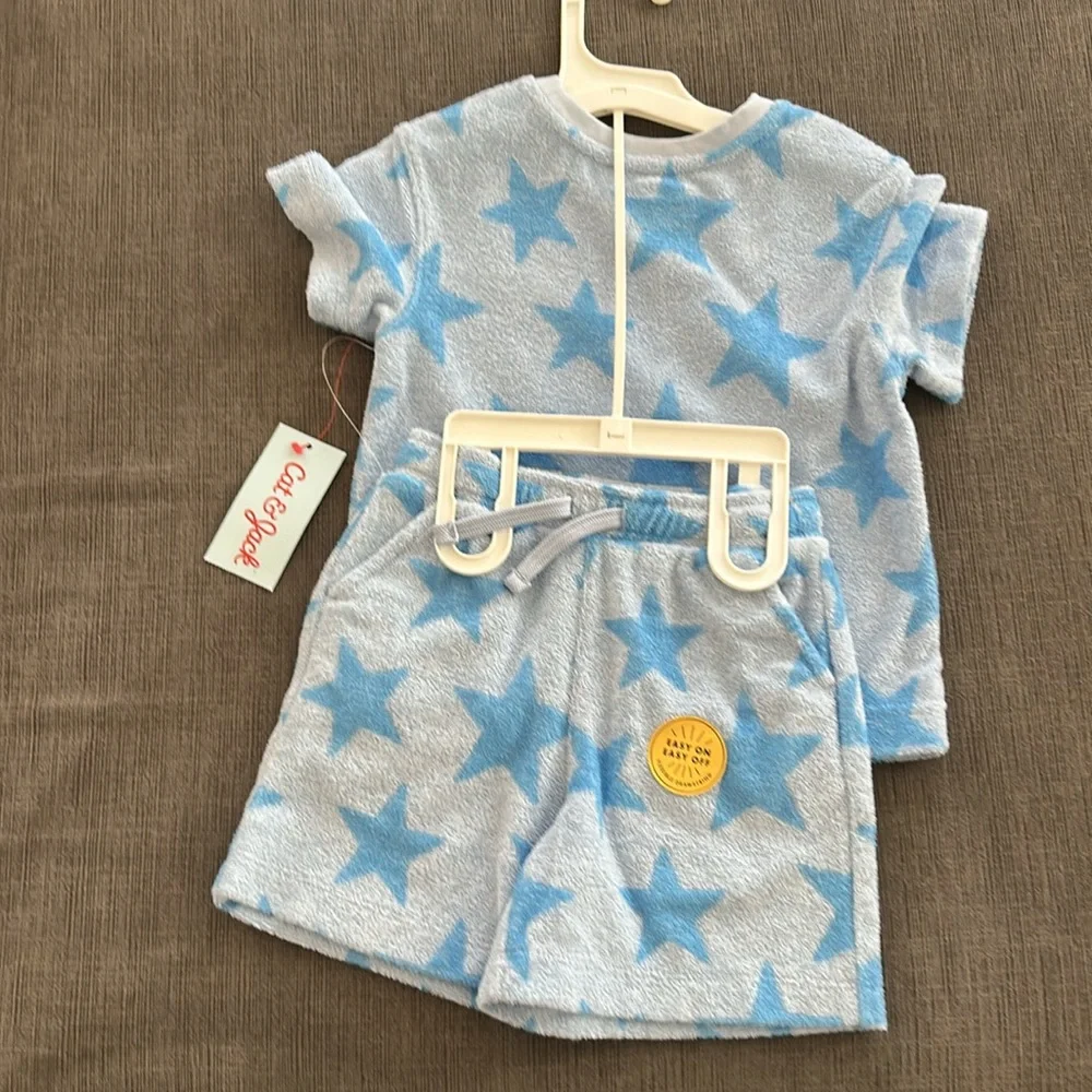 Cat & Jack Toddler Boy Size 18M Blue Star Terry Cloth Short-Sleeve Top & Shorts